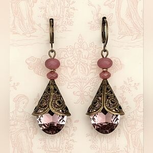 Victorian Ice Pink Swarovski Crystal & Glass Filigree Earrings In Brass